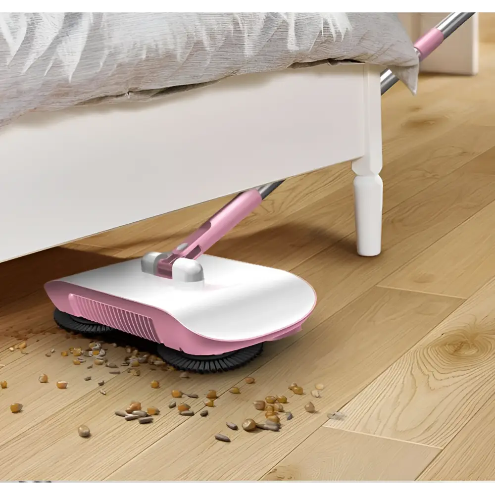 Pink and white electric hand push sweeper household broom with a sleek modern design for efficient floor cleaning