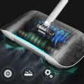 White and transparent electric hand push sweeper household broom with blue glowing accents and sleek modern design
