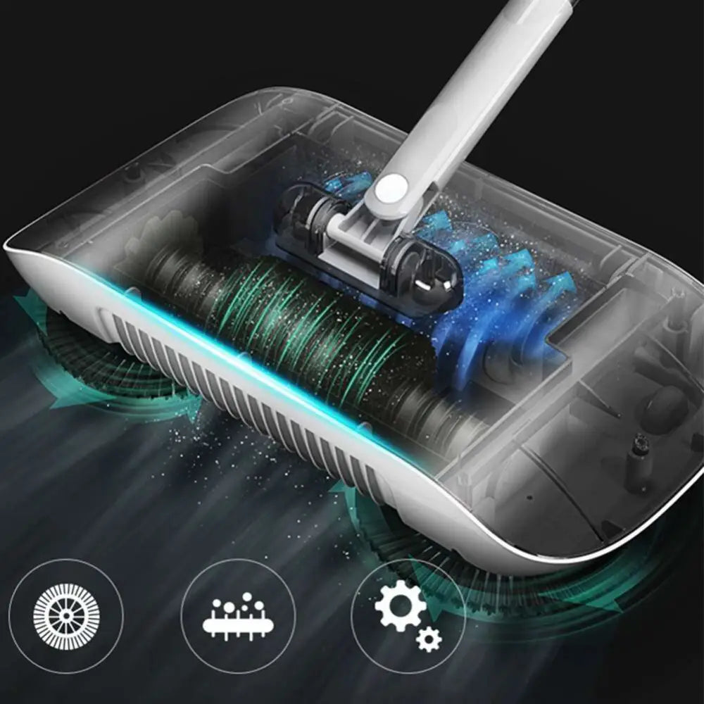 White and transparent electric hand push sweeper household broom with blue glowing accents and sleek modern design