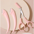 Set of three pink plastic eyebrow trimmer tools with a precise pink-handled comb scissors for pink eyebrow trimming
