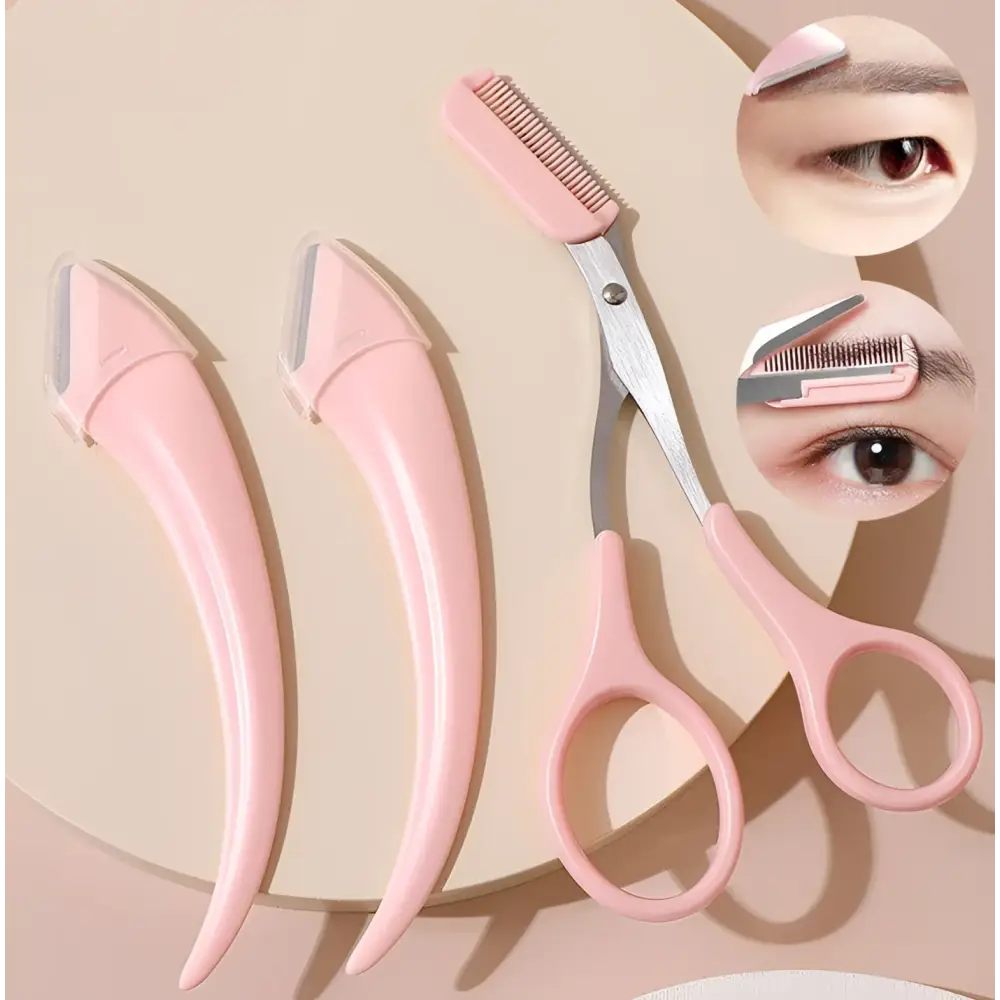 Pink eyebrow trimming set with precise eyebrow trimmer blades and comb-edged scissors featuring matching pink handles