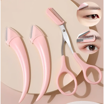 Pink eyebrow trimming set with precise eyebrow trimmer blades and comb-edged scissors featuring matching pink handles