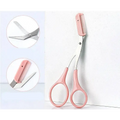 Pink eyebrow trimming knife and scissors set with pink-handled precise eyebrow trimmer featuring integrated comb blade