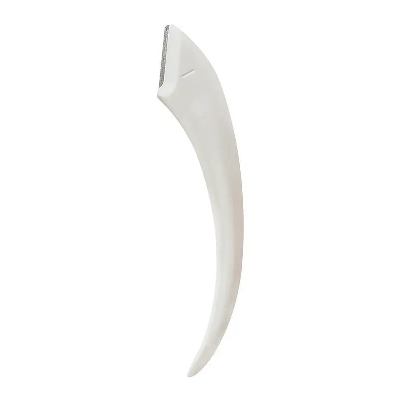 White plastic nail file with curved handle and metallic surface included in pink eyebrow trimming knife and scissors set for precise eyebrow trimmer use