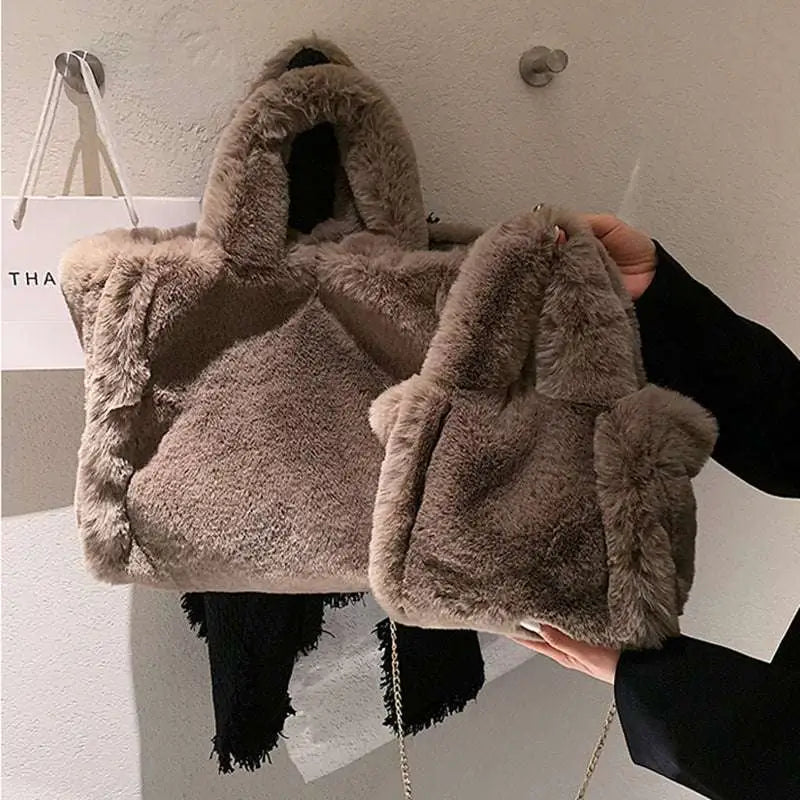 Pink faux fur chain plush handbag with soft plush texture and muted taupe color for stylish use