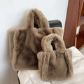 A cozy tan faux fur tote bag with soft plush handles and a slightly structured shape chain plush handbag