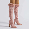 Pink suede over-the-knee boots with pink faux fur trim and pointed stiletto heel featuring a fine heel design