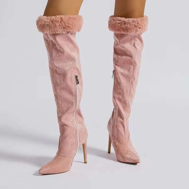 Pink over-the-knee boots with pink faux fur cuff, pointed stiletto heel, and fine heel high stiletto design