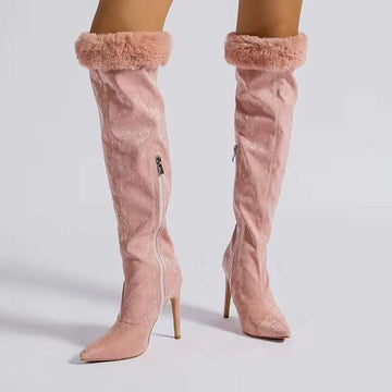 Pink over-the-knee boots with pink faux fur cuff, pointed stiletto heel, and fine heel high stiletto design