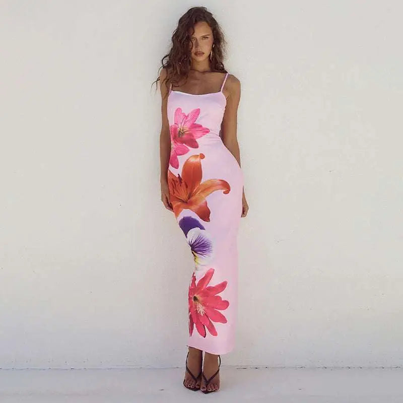 Pink floral american style flower strap dress with vibrant orange and purple blossoms and spaghetti straps