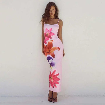 Pink floral american style flower strap dress with vibrant orange and purple blossoms and spaghetti straps
