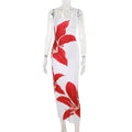 White spaghetti strap flower strap dress with bold red floral print in pink floral american style flower design