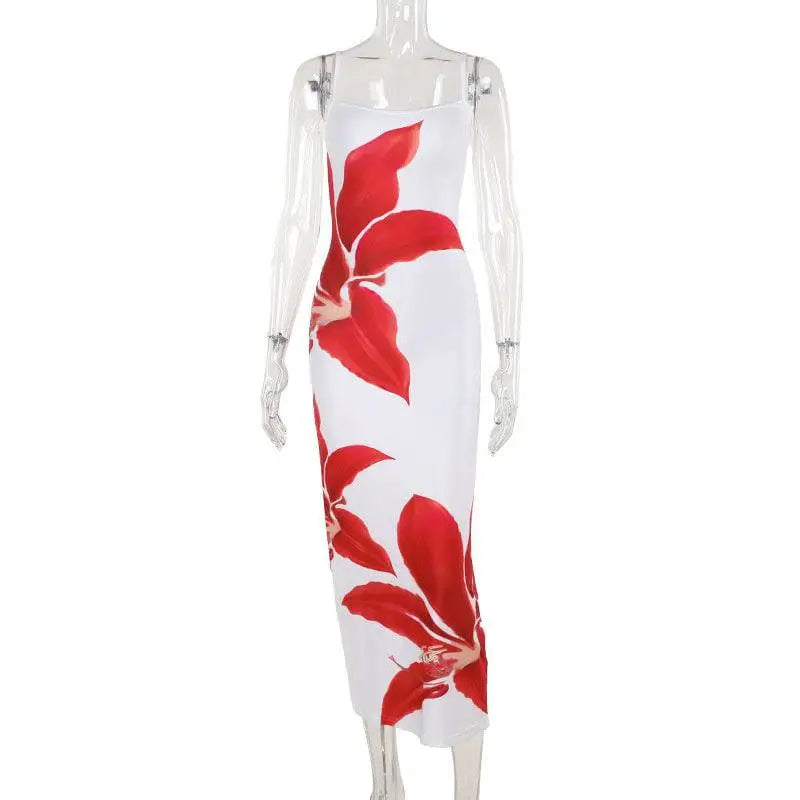 White spaghetti strap flower strap dress with bold red floral print in pink floral american style flower design