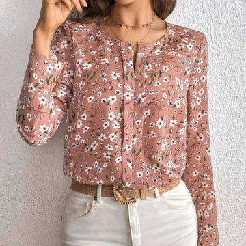 A soft pink floral casual blouse with long sleeves and a subtle print folding pleated front design
