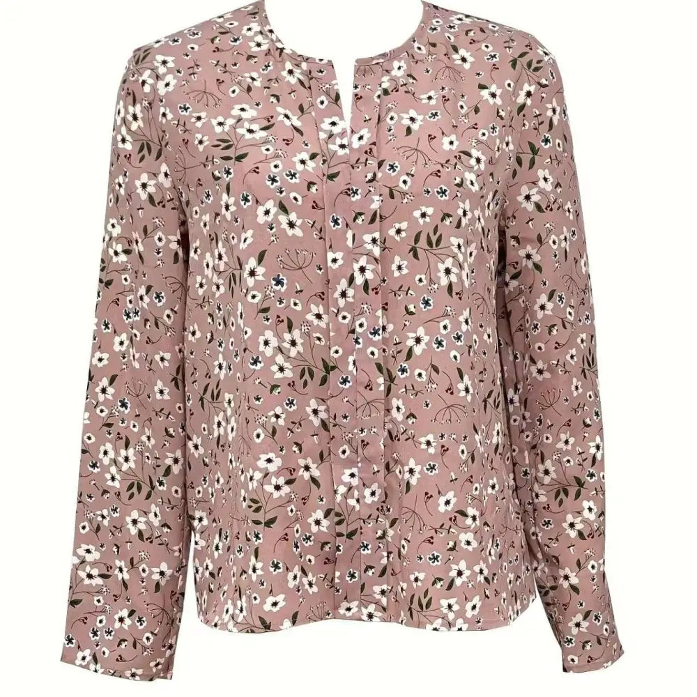 A soft mauve pink floral casual long sleeved print folding pleated blouse with delicate white and dark green blossoms