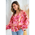 A vibrant pink and red button floral blouse with puffy sleeves ideal for stylish casual wear