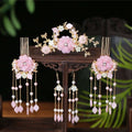 Elegant pink floral hanfu hairpin crown adorned with pearls gold accents and dangling crystal drops