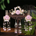 Elegant pink floral hanfu hairpin crown adorned with gold accents pearls and dangling crystal beads for formal wear