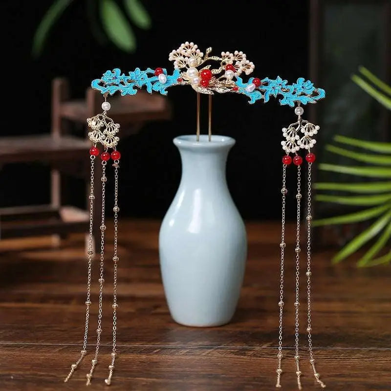 Delicate turquoise and gold floral hanfu hairpin crown adorned with red beads white pearls and chain tassels for pink floral hanfu