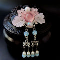Pink floral retro headgear girls hairpin with silver filigree, translucent gemstones, dangling beads, and pearl accents