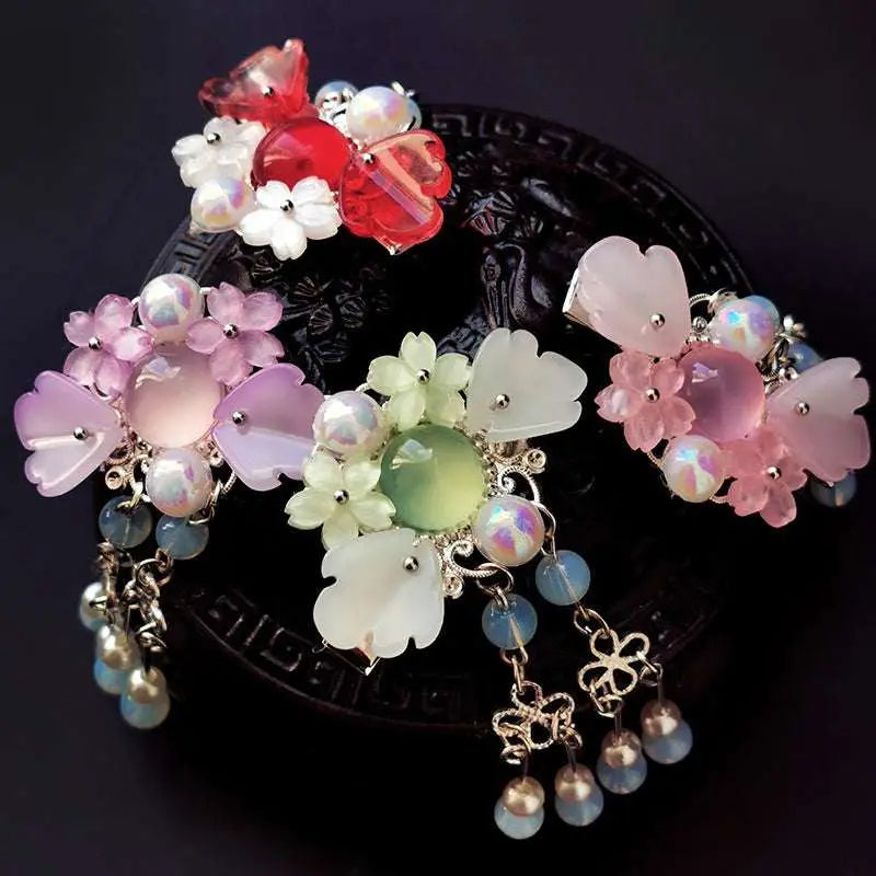 Delicate pink floral retro headgear girls hairpin with silver filigree, translucent gemstones, and iridescent beads