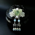 Elegant jade and pearl retro headgear girls hairpin with silver filigree, white floral motifs, and blue opal beads