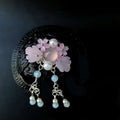 Pink floral retro headgear girls hairpin with delicate pink opal, light blue beads, and silver filigree detailing