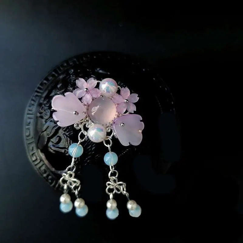 Pink floral retro headgear girls hairpin with delicate pink opal, light blue beads, and silver filigree detailing