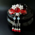 Pink floral retro headgear girls hairpin with delicate red and white flowers silver filigree and dangling pearl charms