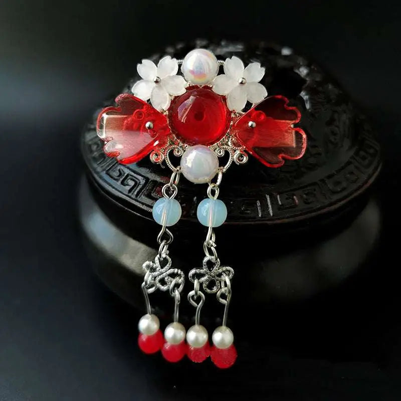 Pink floral retro headgear girls hairpin with delicate red and white flowers silver filigree and dangling pearl charms