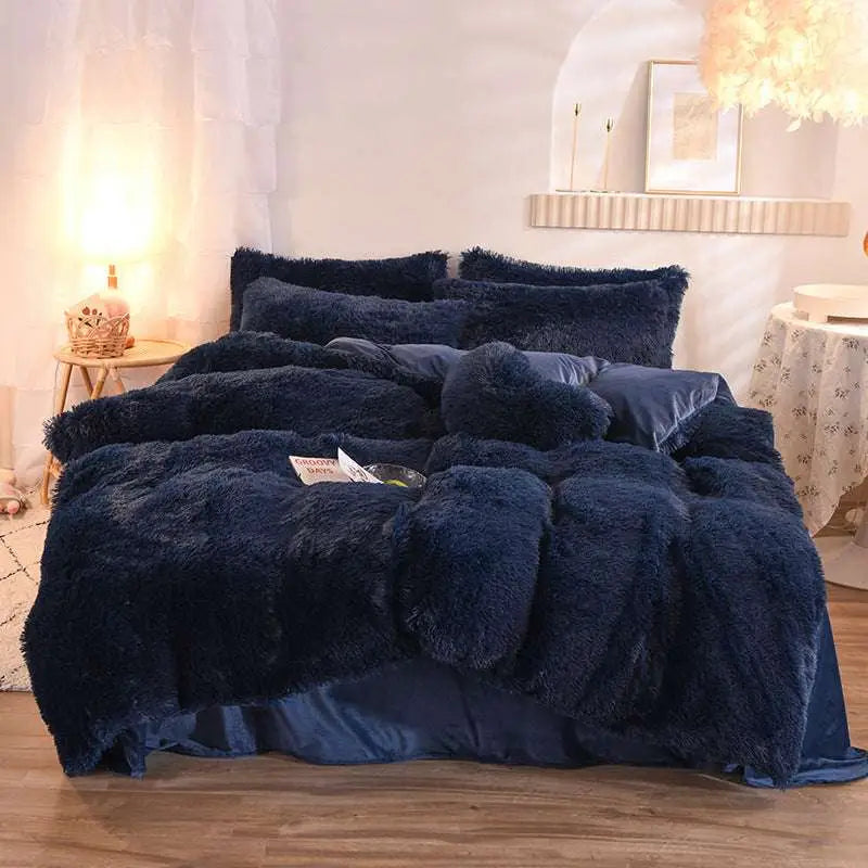 Deep navy plush duvet cover set featuring fluffy faux fur texture with satin-lined edges in a pink fluffy faux style