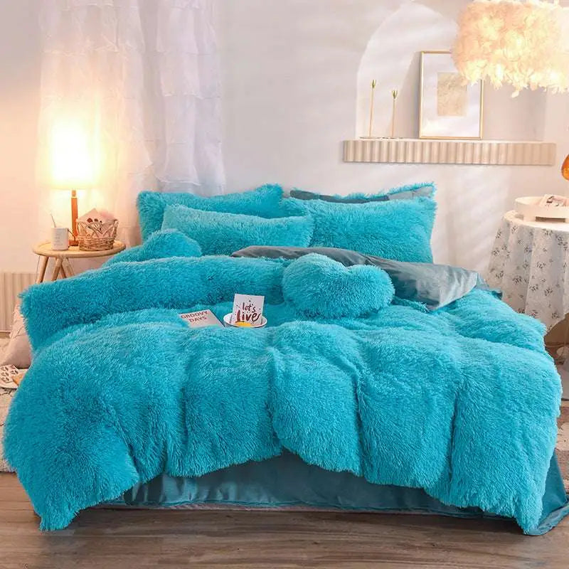 Pink fluffy faux fur plush duvet cover set with soft texture and matching pillows for cozy bedding decor