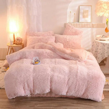 Pink fluffy faux fur plush duvet cover set with soft texture and matching pillows for cozy bedding decor