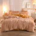 Pink fluffy faux fur plush duvet cover set in fuzzy beige and mustard yellow with soft fluffy texture