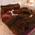 Brown plush duvet cover set with matching pillows and cozy blanket in fluffy faux fur for plush duvet cover comfort