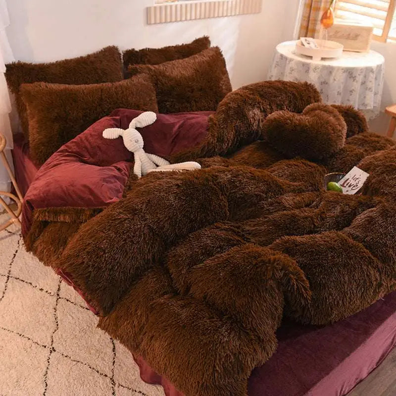 Brown plush duvet cover set with matching pillows and cozy blanket in fluffy faux fur for plush duvet cover comfort