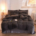 Plush dark gray fluffy faux fur duvet cover set with matching pillows and heart-shaped accent pillow soft and cozy
