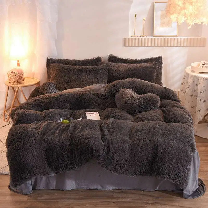 Plush dark gray fluffy faux fur duvet cover set with matching pillows and heart-shaped accent pillow soft and cozy