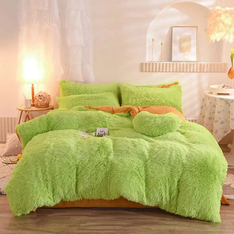 Lush lime green plush duvet cover set with matching pillows featuring a cozy fluffy faux fur textured finish