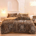 Brown and black leopard-print fluffy faux fur plush duvet cover set with a shaggy texture for cozy bedding