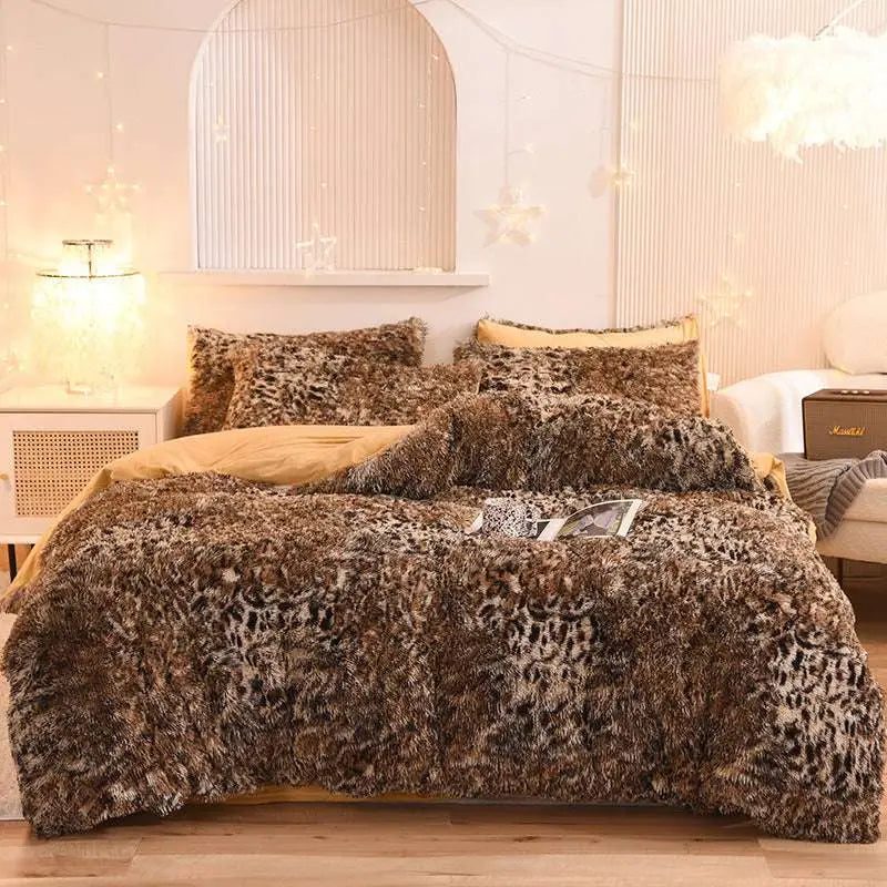 Brown and black leopard-print fluffy faux fur plush duvet cover set with a shaggy texture for cozy bedding