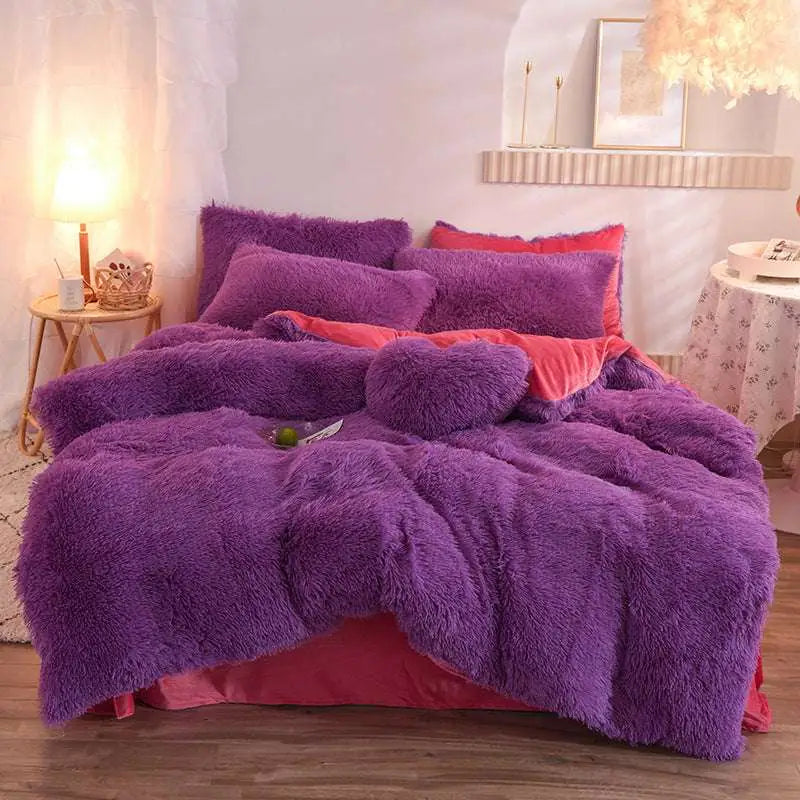 Pink fluffy faux fur plush duvet cover set with purple fluffy faux fur and contrasting pink inner lining