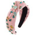 Pink gingham fashion plaid fabric easter headband with turquoise teardrop crystals and colorful enamel egg pins