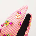 Pink gingham fashion plaid fabric easter headband with colorful shiny embellishments and decorative easter egg pins
