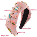 Pink gingham fashion plaid fabric easter headband with colorful enamel egg pins and gold-toned glass drill accents