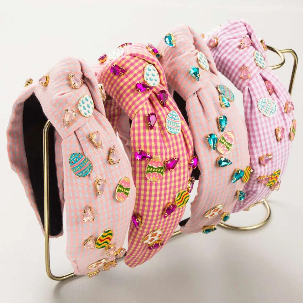 Pink gingham fashion plaid fabric easter headband with knotted design colorful easter egg pins and sparkling gemstones
