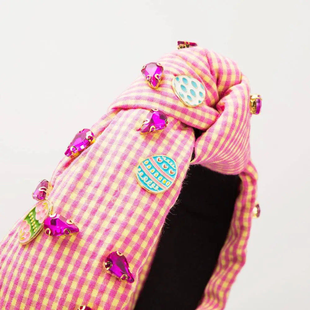Pink gingham fashion plaid fabric easter headband with knotted design colorful easter egg pins and sparkling gemstones