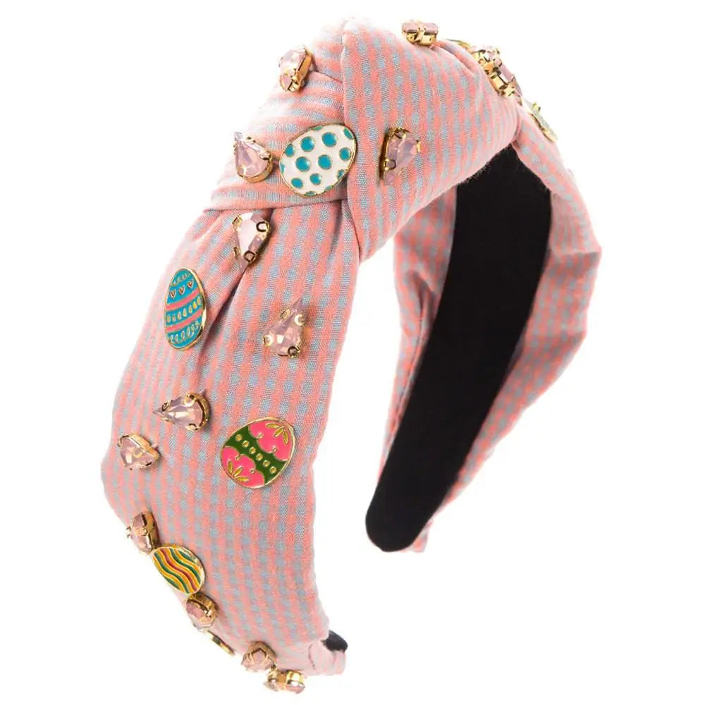 Pink gingham fashion plaid fabric easter headband with colorful enamel egg pins and clear crystal rhinestones