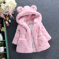Pink girls fuzzy bear ear hooded coat in pink faux fur with front pockets and cozy ear hooded fur design