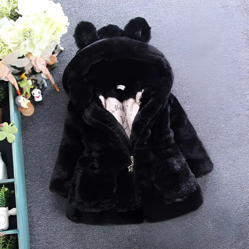 Pink girls fuzzy bear ear hooded faux fur coat in black with plush hood ears for toddlers
